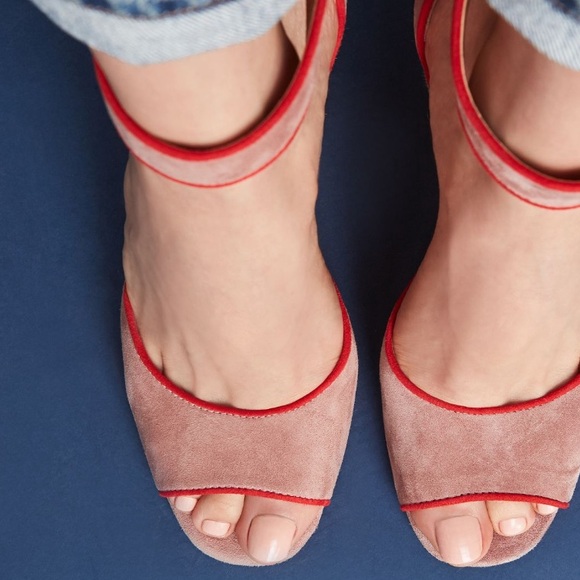 Anthropologie Liendo Seychelles Villa Wedges in Pink Suede with Red Trim size 8 - Picture 2 of 16